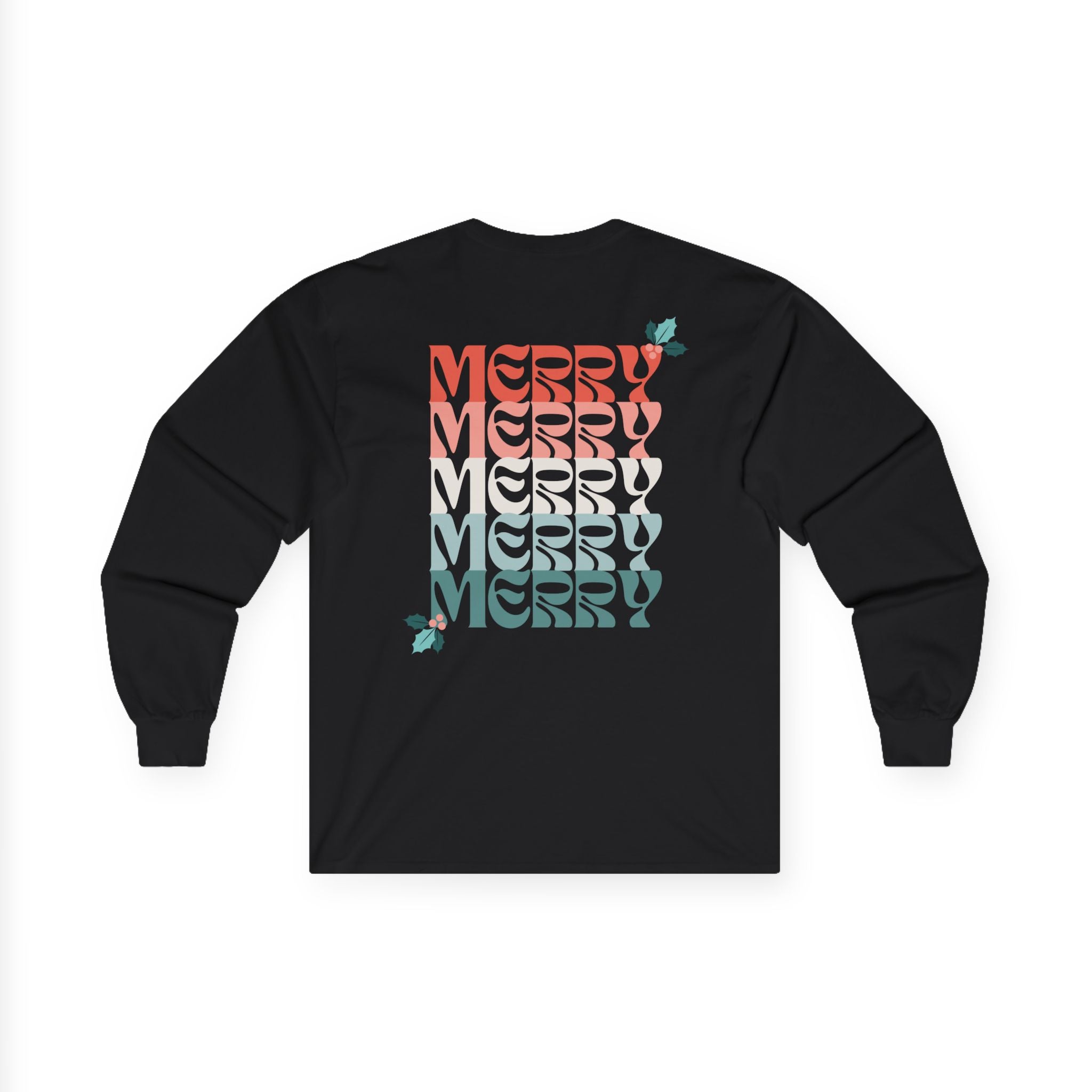 Retro Merry Christmas Holiday Holly Long Sleeve Tee