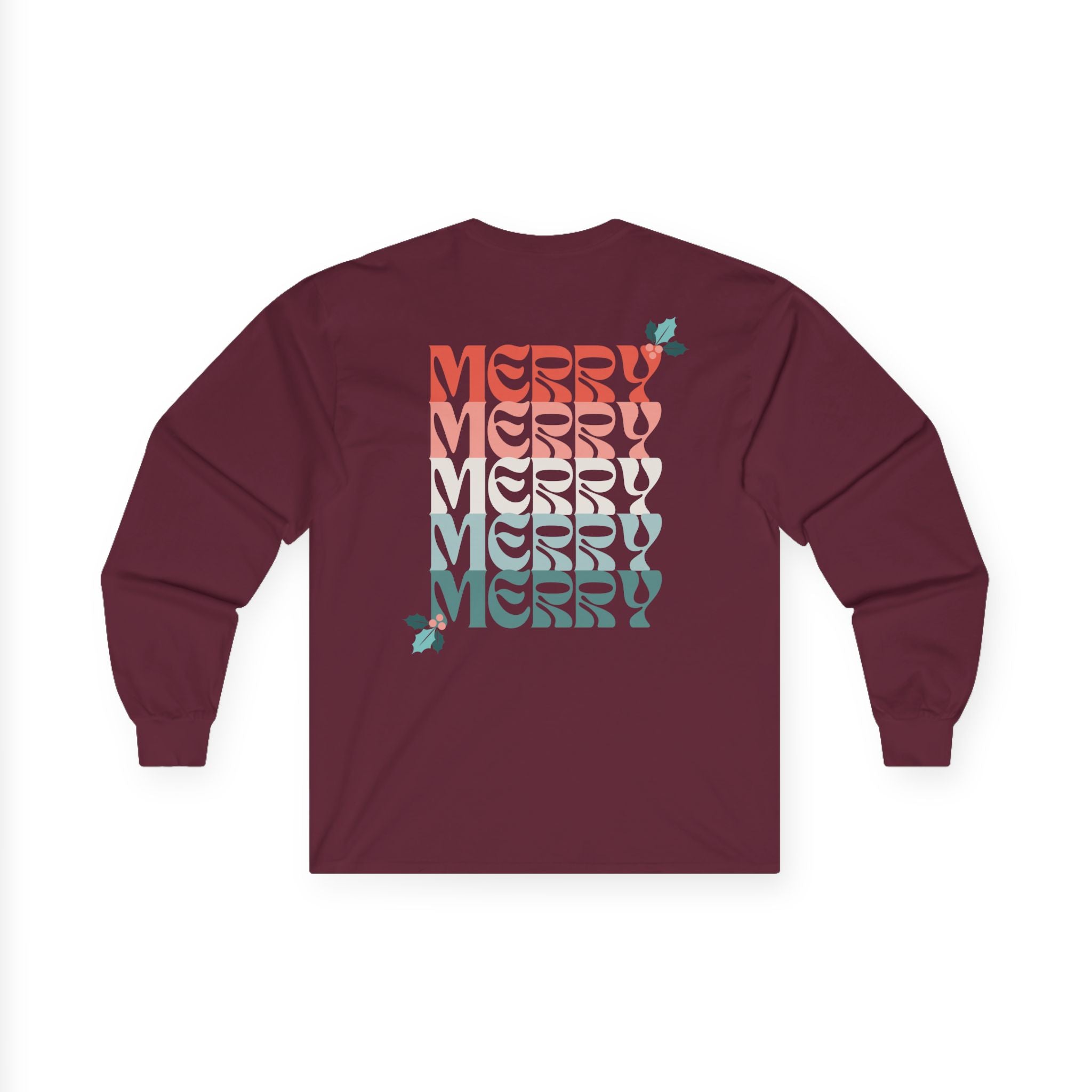 Retro Merry Christmas Holiday Holly Long Sleeve Tee