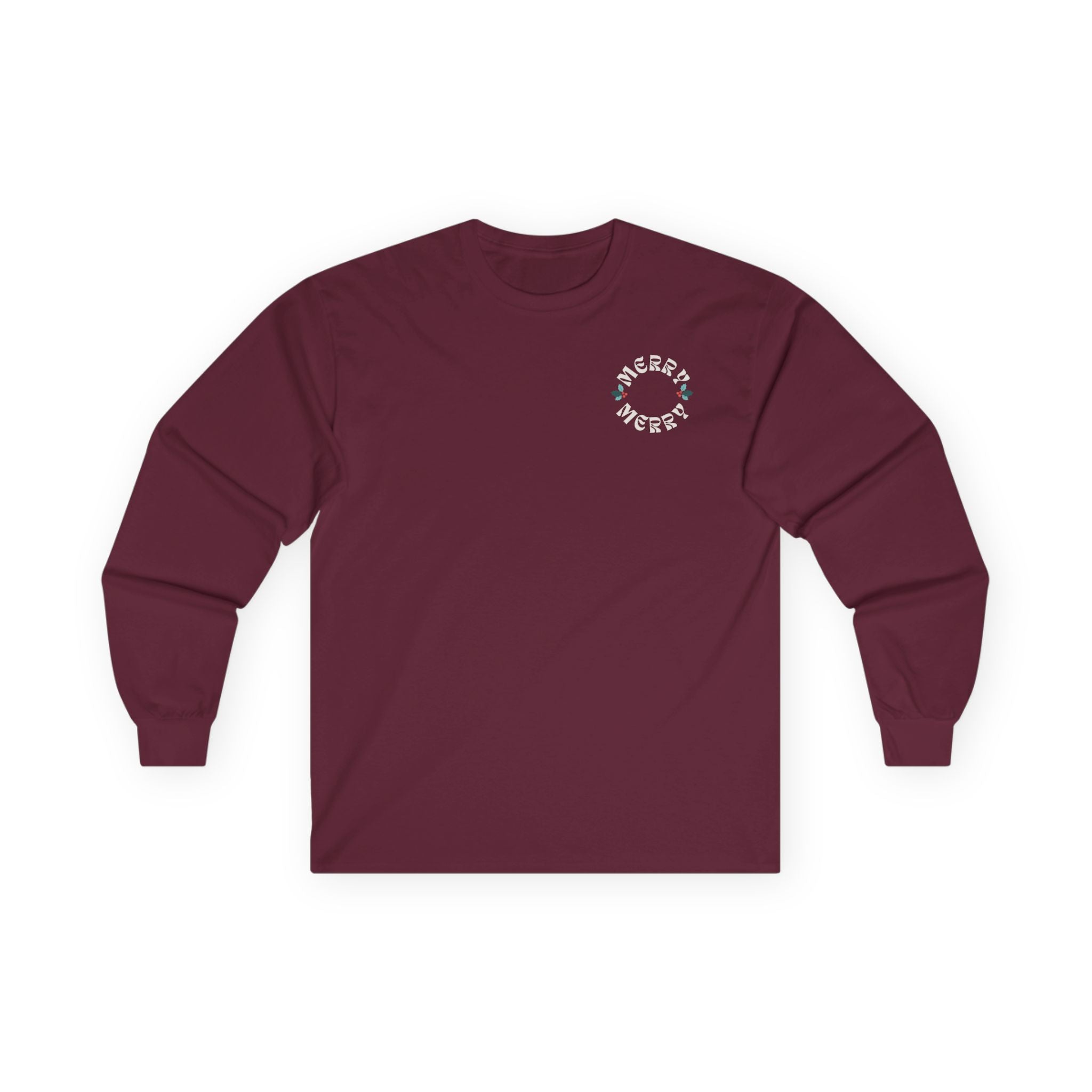 Retro Merry Christmas Holiday Holly Long Sleeve Tee
