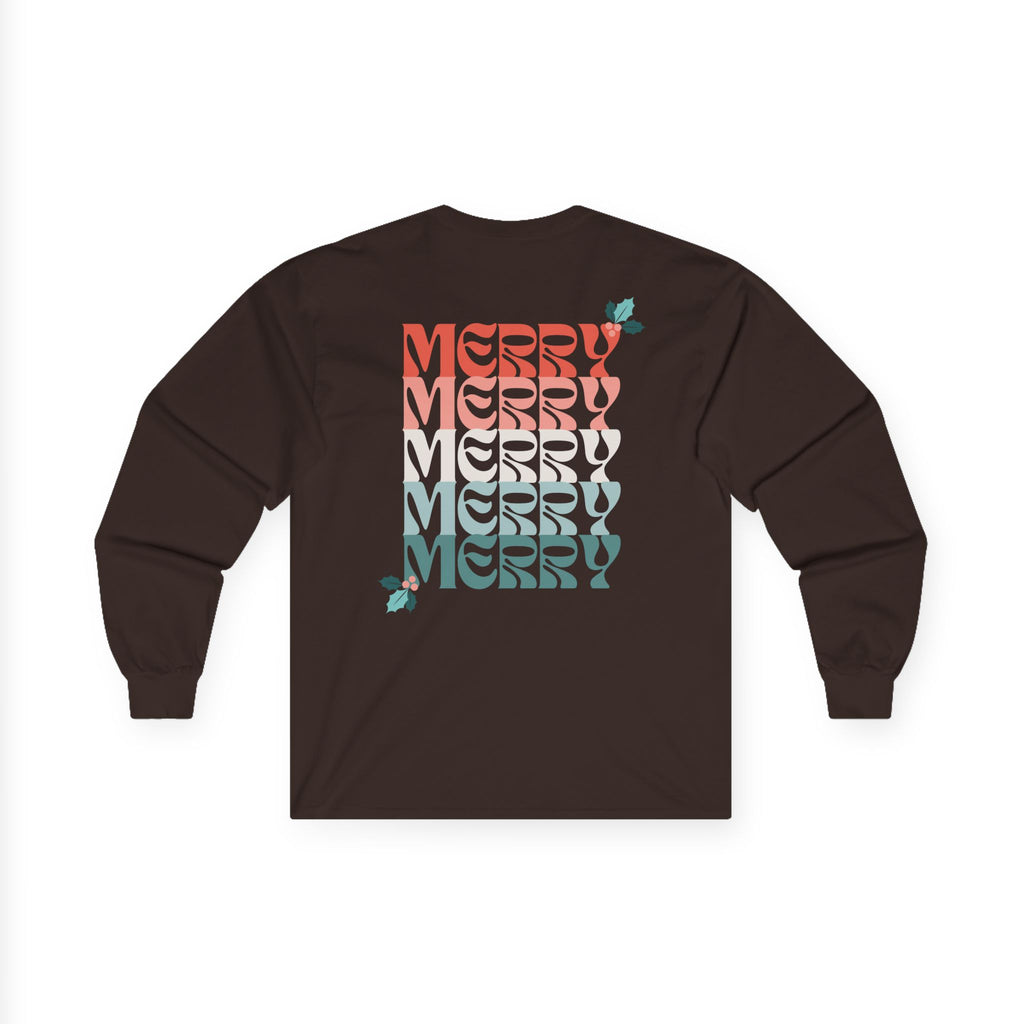Retro Merry Christmas Holiday Holly Long Sleeve Tee
