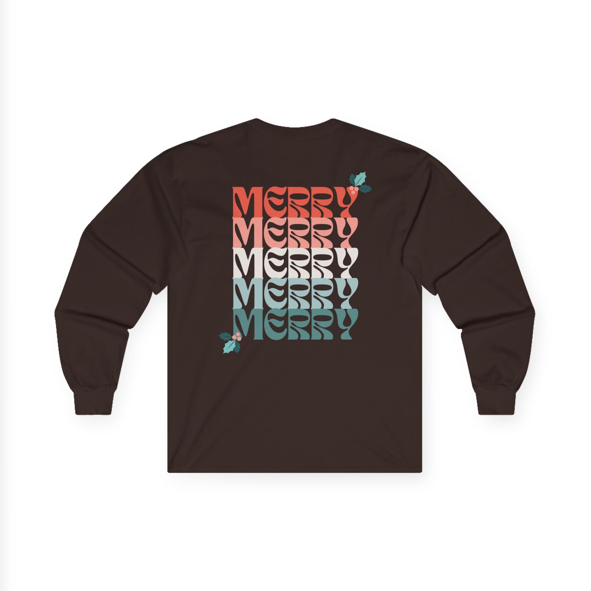 Retro Merry Christmas Holiday Holly Long Sleeve Tee