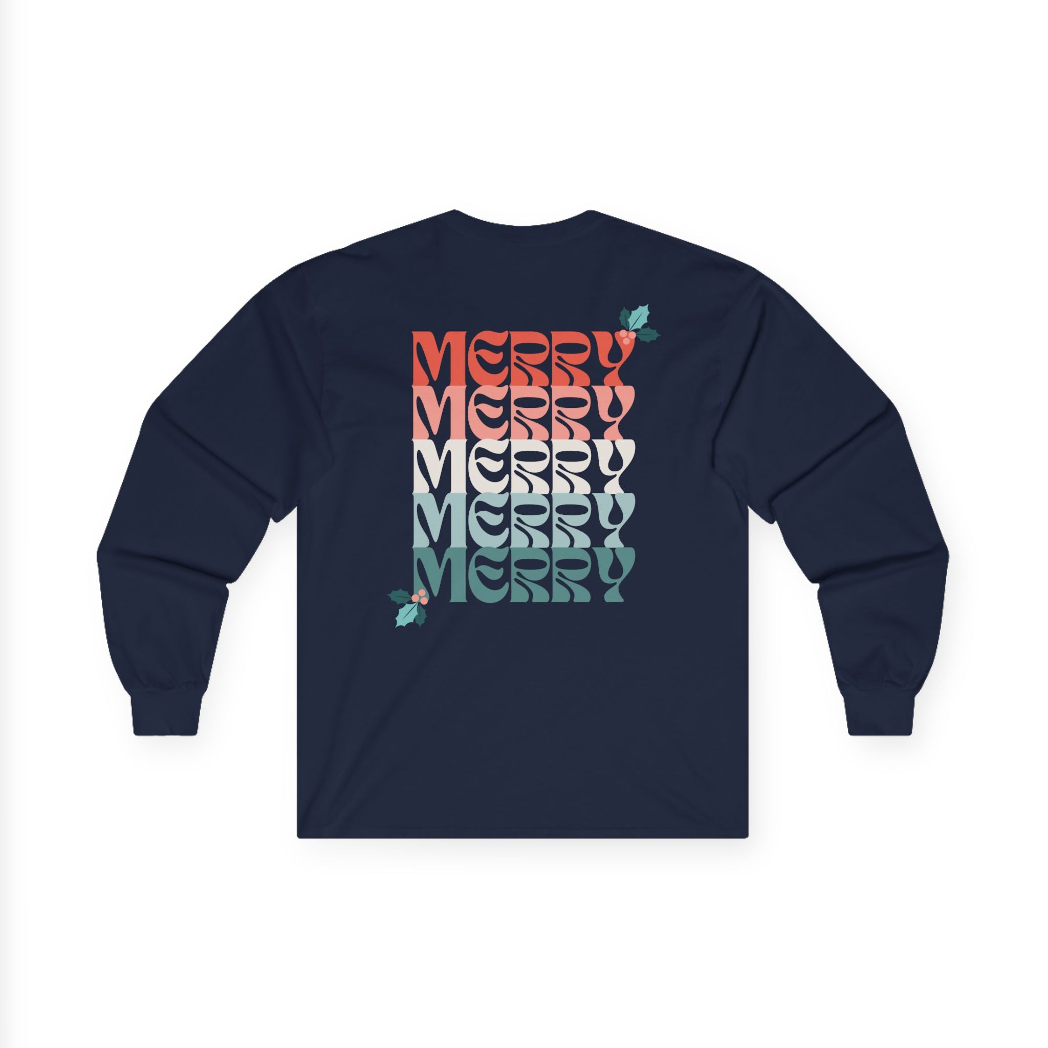 Retro Merry Christmas Holiday Holly Long Sleeve Tee